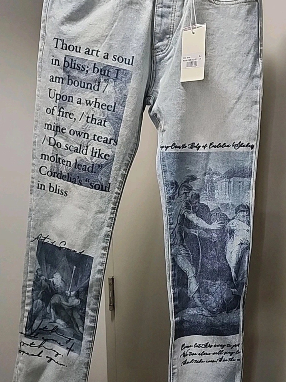 MNML Light Blue Slim Men's Size 32 Jeans with Graphic Script Print Panels